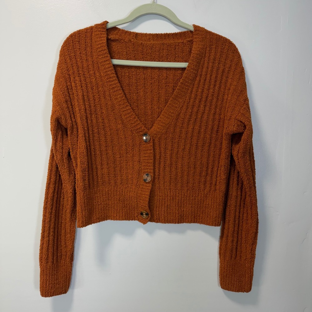 Unbranded Burnt Orange Chenille Ribbed Knit Cropped Cardigan Sweater Medium